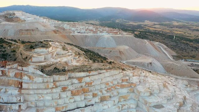 Mining industry, marble quarry. Marble mining, aerial view. Production.	