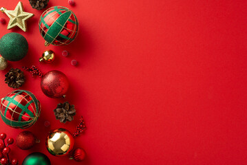Christmas Decorations Theme: Overhead shot of elegant tree ornaments, red, green, and golden balls,...