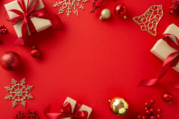 Christmas Splendor: Top view of handcrafted gift packages, trendy tree ornaments, red and gold balls, snowflake and bell accents, holly berries on red backdrop, ready for your seasonal greetings