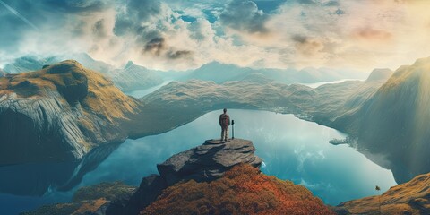 Young man traveling alone with mountains background standing on mountain peak, outdoor traveling lifestyle concept. - obrazy, fototapety, plakaty