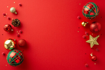Start the New Year with a bang! Top-down view of modern tree ornaments, festive baubles, a...