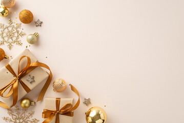 Festive holiday presents display with gift boxes, elegant ribbon bows, ornate tree ornaments,...