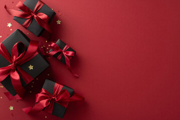 Black Friday elegance: Top-view shot of exquisite black gift boxes, complemented by vine-colored ribbon bows, shiny confetti on marsala backdrop—symbolic of unbeatable deals, space for promotion