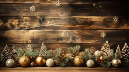 Handcrafted Christmas ornaments and pine cones rest on a wooden table, creating a rustic yet festive ambiance. Ideal for holiday campaigns with ample copy space. Generative AI - obrazy, fototapety, plakaty