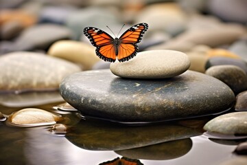 Fototapeta na wymiar Beautiful butterfly on zen stone. Calm meditation nature landscape. Zen spiritual vibe. Graphic art. Generative AI