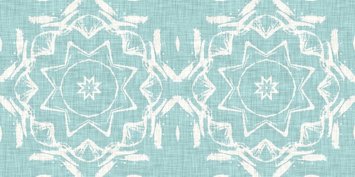 Aqua teal blue white vibrant watercolor batik azulejos tile border banner background. Seamless coastal blur linen effect geometric mosaic effect.Boho Patchwork nautical masculine summer ribbon trim. 