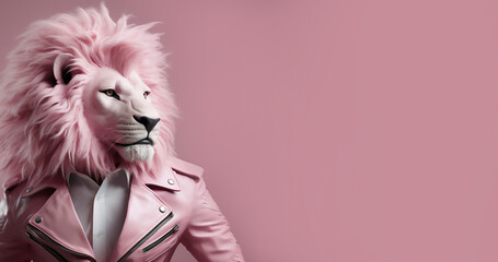 Pink Lion as a heavy-metal punk rock heavy metal wearing a leather jacket. Generative AI. - 652363607
