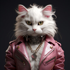 Cat as a punk rock heavy metal wearing pink leather jacket and cool jewelry. Generative AI. - 652363618