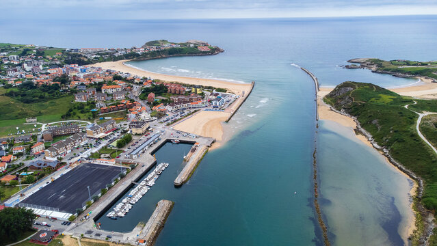 Aerial view of Suances town and river Saja. Suances, central coast of Cantabria, Spain.