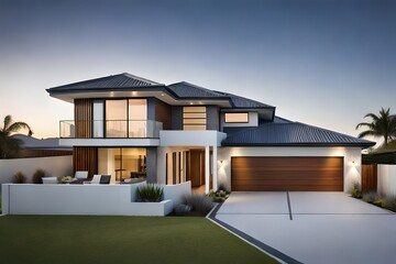 Front elevation of a large double storey home - obrazy, fototapety, plakaty