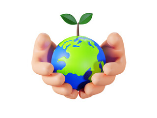 Hand holding globe with tree growing, World environment day concept, saving environment, 3D render illustration