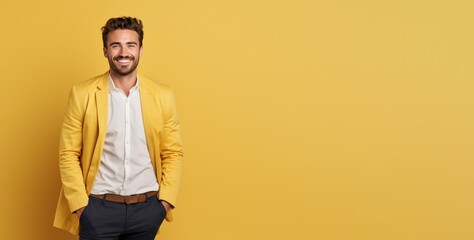 portrait of smiling handsome confident male businessman entrepreneur with hands in pockets on yellow background, advertising promotion banner - obrazy, fototapety, plakaty