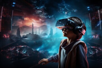 Boy in virtual reality glasses is in the game world. Beautiful illustration picture