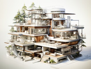 Architecture presentation of a multi-storey modern design mansion. White in color with a minimalist style