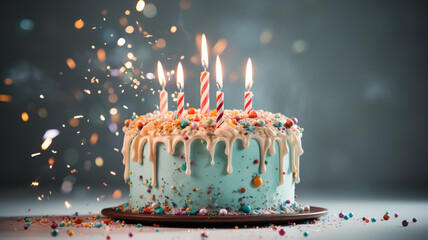 Celebration birthday cake with colorful sprinkles and twenty one colorful birthday candles. Generative AI