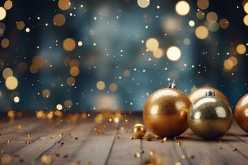 Beautiful christmas balls on wooden table with golden shine particles for a holiday celebration. Wallpaper for ads and web desig - 652365008