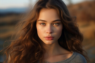Naklejka premium Generative AI portrait of a beautiful stunning young girl walking in a sunny evening countryside backdrop