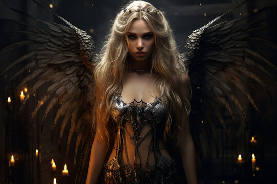 AI generated picture of fantasy brave female character with birds wings