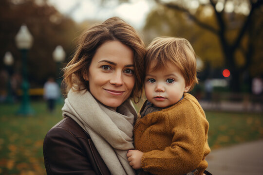 Image of happy mommy with baby in hands walking together outdoors generative AI