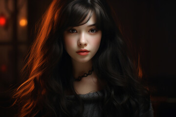 Fototapeta premium Generative Ai portrait of young girl woman brunette hairdo isolated over blurred lights background