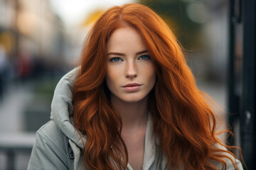Generative AI technology picture of young red hair student girl in sunny autumn city park