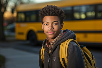 Portrait generative AI of african american teenage boy student after getting off of bus - obrazy, fototapety, plakaty