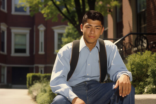 Generated by AI photo image of happy male college student going to campus first september and looking at camera