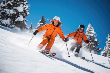 Man and woman skiing downhill