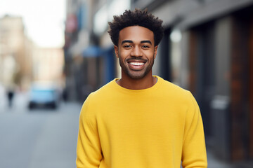 Fototapeta premium Portrait made with generative AI of a handsome cheerful stylish guy walking in the city