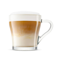 Cappuccino coffee with frothed milk foam in transparent glass cup isolated. Transparent PNG image.