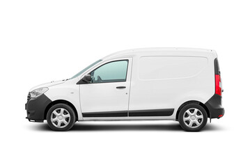 Panel van side view isolated. Side view of a modern blank sedan delivery. Transparent PNG image. - obrazy, fototapety, plakaty