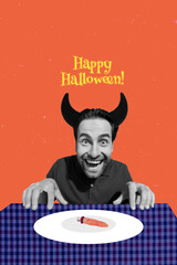 Composite collage image of funny demon devil horns male eating cafe chopped finger witch costume happy halloween magazine surrealism