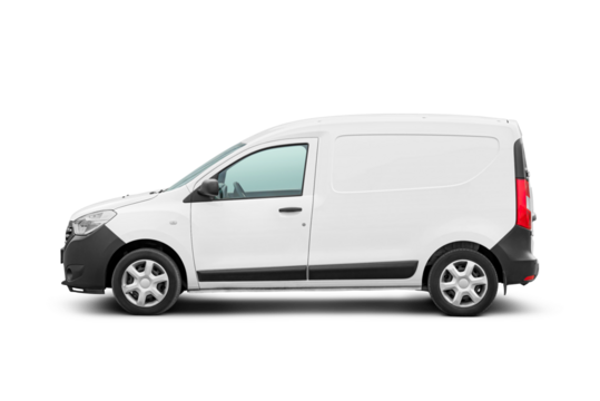 Panel van side view isolated. Side view of a modern blank sedan delivery. Transparent PNG image.