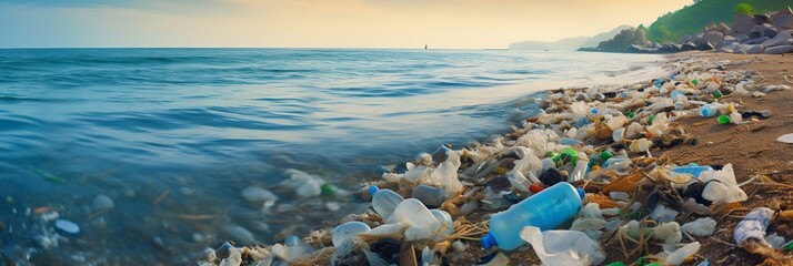 Polluted Beach with Plastic Waste. Generative ai