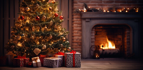 close up of  a brilliant christmas  tree on a blurred lights background at home  ,festive  mood theme concept