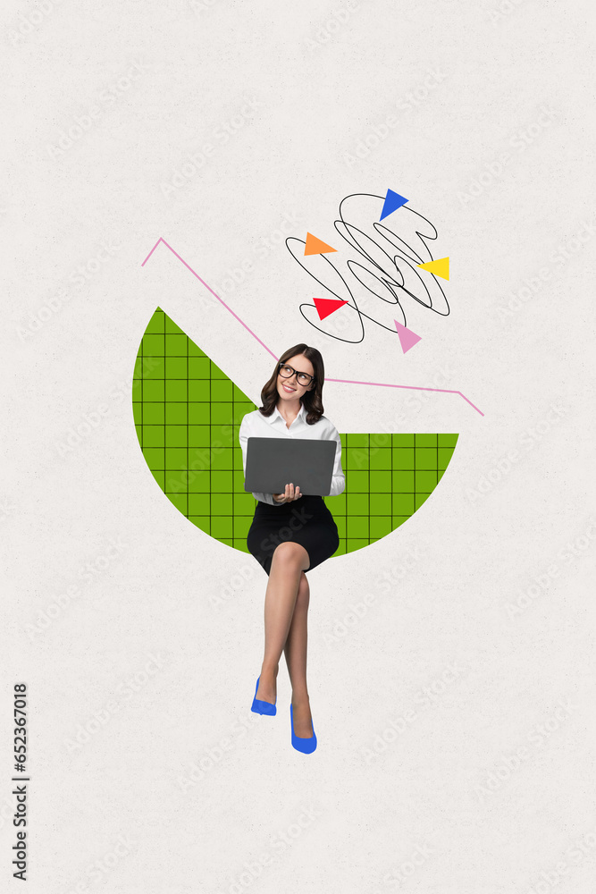 Poster image 3d collage of professional worker smiling lady sitting analyzing statistics isolated on drawin