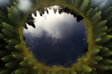 Top - down aerial view of a small pond in the middle of a forest, reflecting clouds in the sky