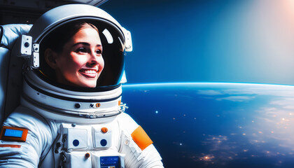 a female astronaut floats in space.generative ai - obrazy, fototapety, plakaty