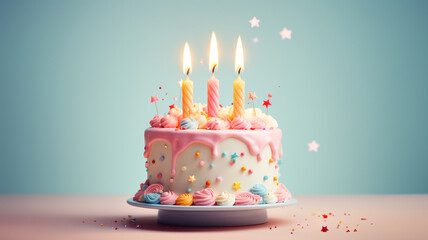 Celebration birthday cake with colorful sprinkles and twenty one colorful birthday candles. Generative AI