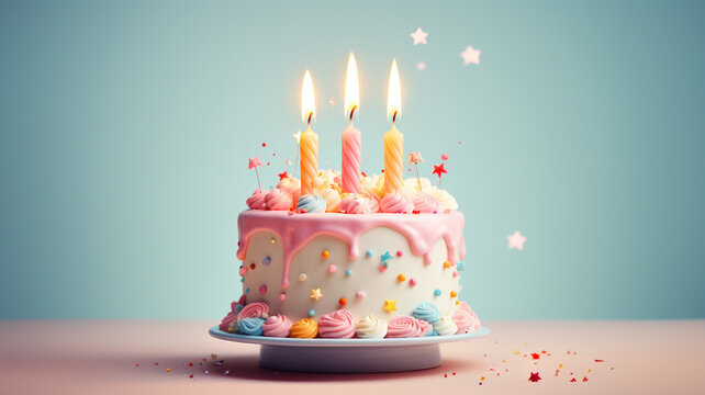 Celebration birthday cake with colorful sprinkles and twenty one colorful birthday candles. Generative AI