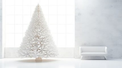 3D white alternative paper Christmas tree. White background, web banner, postcard with minimal paper christmas tree