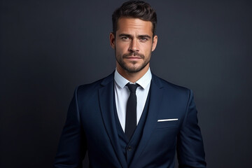 Portrait of happy man looks in camera in a suit at isolated background