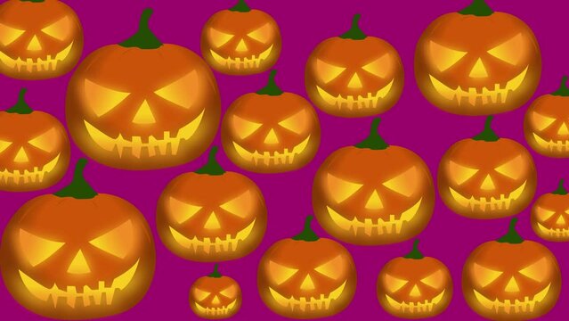 animation of halloween pumpkin with illuminated eyes on lilac background