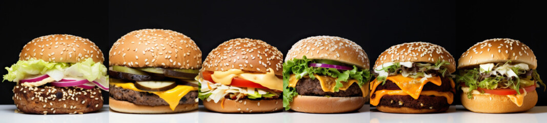 Set of different tasty burgers on black background - obrazy, fototapety, plakaty