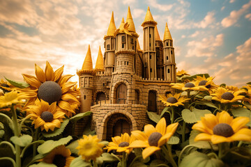 sunflower castle castle made with sunflower - obrazy, fototapety, plakaty