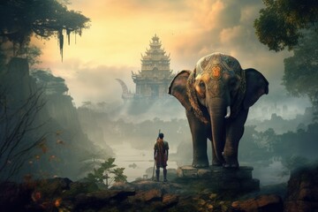 landscape of elephants and people with a temple view - obrazy, fototapety, plakaty