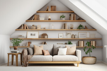 Fototapeta na wymiar Wooden shelving unit on white wall behind cozy sofa. Scandinavian modern stylish living room