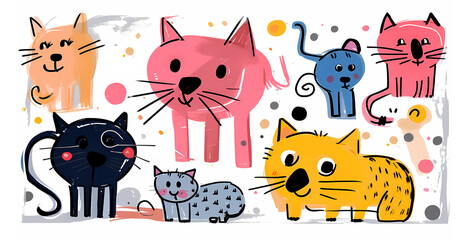 Many different funny cats in a childrens gouache drawing. Group of happy pets in a simple painting made by a child