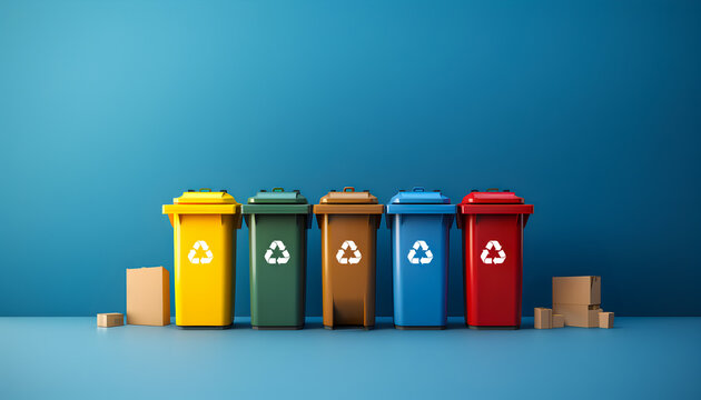 Colorful garbage bins for separate waste collection in a row, cardboard waste in front of empty blue wall with copy space.