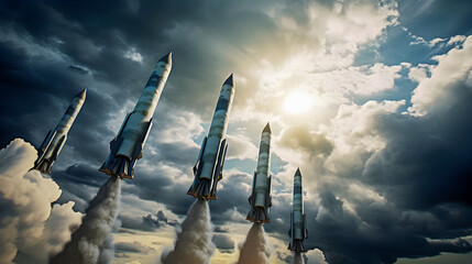 Arms race concept. Launching nuclear warheads. Low angle view of missiles on background of dramatic sky with clouds.